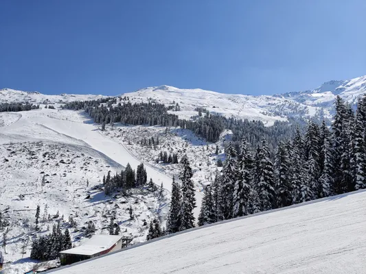 breathtaking winter landscape in the middle of a ski resort with several mountains and trees all covered in snow
