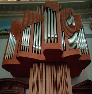 high wood organ with many silver pipes from the large church in mariazell