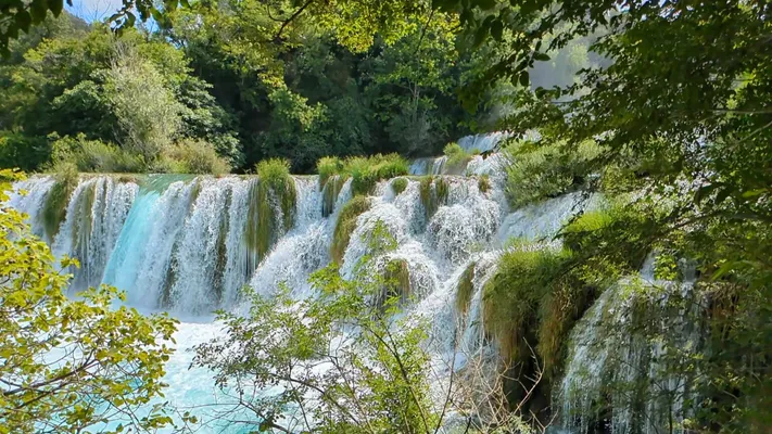 several waterfalls seen from the forest with lots of greenery in the picture