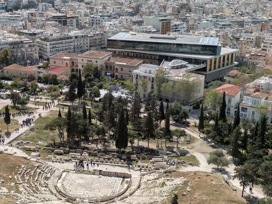 view of exhibitions next to the acropolis and the museum next door